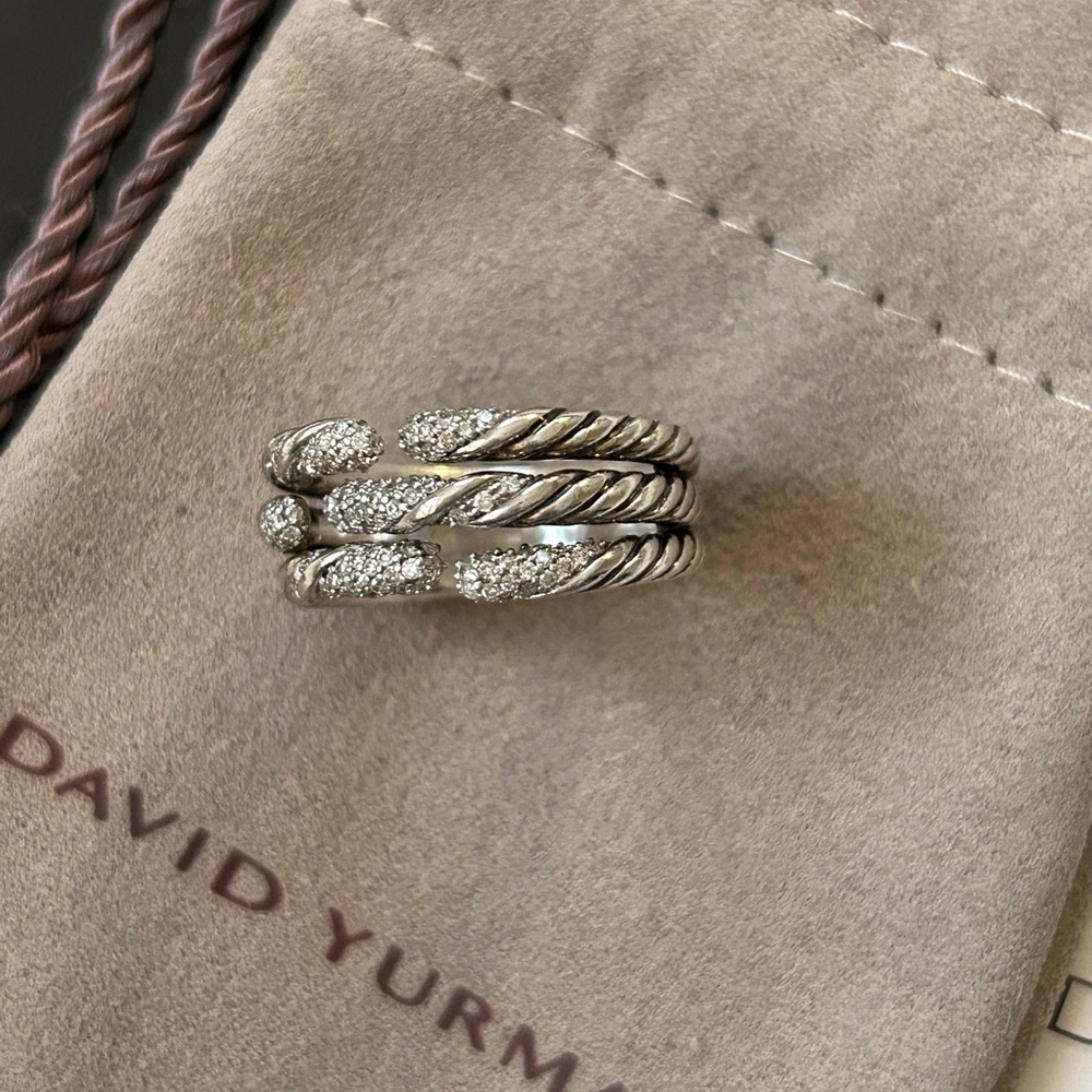 David Yurman Silver 3 Row Willow Pave Diamond Ring